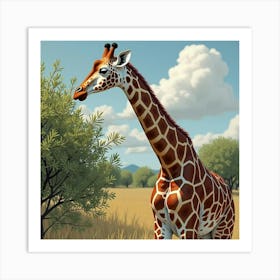 A Majestic Giraffe Browsing On Acacia Leaves 1 Art Print