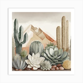 Firefly Modern Abstract Beautiful Lush Cactus And Succulent Garden In Neutral Muted Colors Of Tan, G (13) Art Print