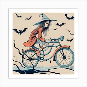 Halloween Witch On A Bike Art Print