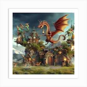 Fantasy Castle With Dragons Art Print