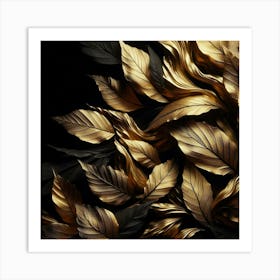 Gold Leaves On Black Background 2 Art Print