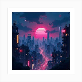 Cyberpunk Cityscape With Neon Lights, Watercolor Night Sky Art Print