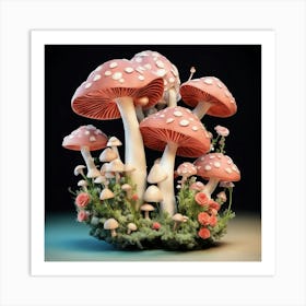 Mushrooms And Roses Art Print