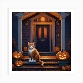 Halloween Cat In Front Of House 7 Art Print