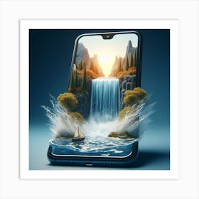 A smartphone whose screen displays a miniature view of a waterfall. 7 Art Print
