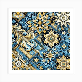 Batik, Blue And Yellow Floral Pattern 2 Art Print