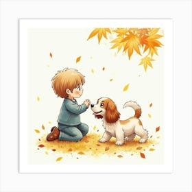 Watercolor Of A Child And A Cocker Spaniel Playing In The Autumn Leaves Art Print