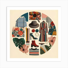 A Minimal Collage Artwork Featuring Fashionable Clothes, Stripe And Floral Prints, And Saturated Colors Arranged In A Circle On A Cream Colored Background 2 Art Print