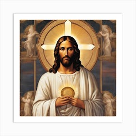 Jesus Holding A Golden Cross Art Print