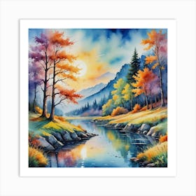 Prismatic Creek in a Mystical Mountain World Autumn River Art Print