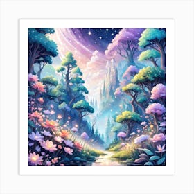 A Fantasy Forest With Twinkling Stars In Pastel Tone Square Composition 329 Art Print