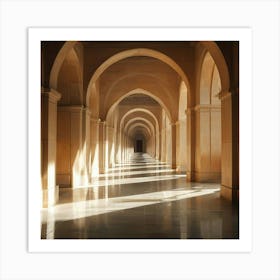 Arched Corridor With Sunlit Stone And Reflective Floors Art Print