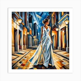 Elegant Woman Walking along the Street Cubism Style Art Print