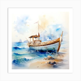 Watercolor Boat On The Beach Art Print