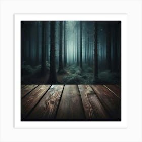 A dark and mysterious forest with a wooden table in the foreground, perfect for a spooky or Halloween-themed party or event. Art Print