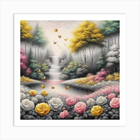 Roses And Waterfall Art Print