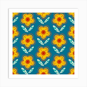 Abstract Retro 70s Flower Pattern Golden & Peacock Blue Art Print