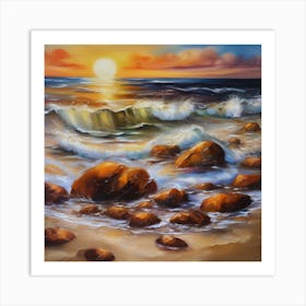 The sea. Beach waves. Beach sand and rocks. Sunset over the sea. Oil on canvas artwork.The sea. Beach waves. Beach sand and rocks. Sunset over the sea. Oil on canvas artwork.6 Art Print