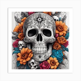 Sugar Skull With Flowers 1 Art Print