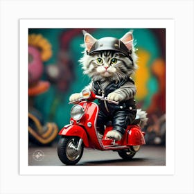 Kitten Riding Red Scooter 3 Art Print