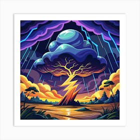 Fantasy Tree With Lightning Bolt In A Stormy Landscape Art Print