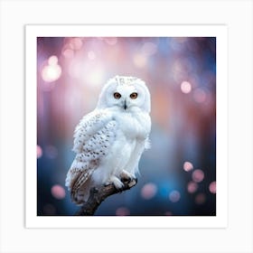 A Serene White Owl With Outstretched Black Wings Perched Gently On A Twig Looks Downwards With Big Art Print