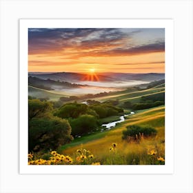 A Serene Sunrise Unfolds Over A Vast Expanse Of Rolling Hills Art Print