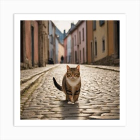A Cat Walks On Its Hind Legs Down A Cobblestone Street Lined With Buildings 2 Art Print