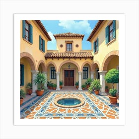 Spanish Courtyard With Intricate Tile Mosaics Depicted In Watercolor Art Print