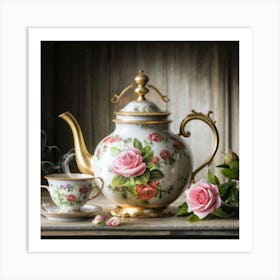 A very finely detailed Victorian style teapot with flowers, plants and roses in the center with a tea cup 14 Art Print