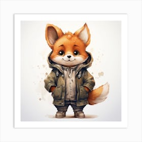 Watercolour Cartoon Fox In A Hoodie 1 Art Print