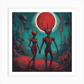 Alien Couple Painted To Mimic Humans, In The Style Of Surrealistic Elements, Folk Art Inspired Illu (3) Art Print