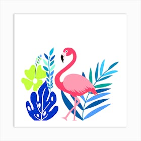 Pink Flamingo And Tropical Leaves Art Print