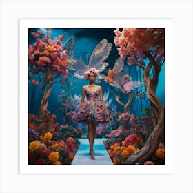 fashion, Surreal fashion garden, plant mannequins, giant flowers, organic dresses, twisted trees, cyber butterflies, psychedelic sky, colorful mist, floating lighting, enchanted podium, colors that change at the touch. 2 Art Print