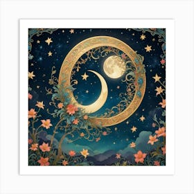 Moon And Flowers 1 Art Print