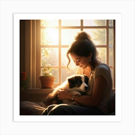 A Newborn Puppy Cuddling In The Arms Of A Content Woman Warm Sunlight Filtering Through A Nearby W Art Print