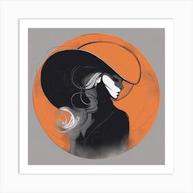 A Silhouette Of A Circle Wearing A Black Hat And Laying On Her Back On A Orange Screen, In The Style (1) Art Print