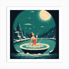 Bathing Woman On Night Snow Art Print