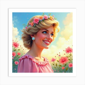 Princess Diana Smiling With Floral Watercolor Hues And Vibrant Colorful Skies Art Print