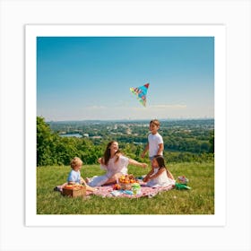 Family Of Four Laughing Picnic Setup On A Vibrant Green Hilltop With A Sun Kissed Backdrop Kite F (2) Art Print