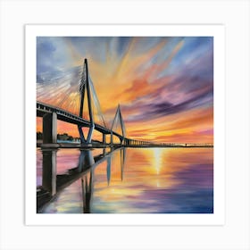 Sunset over the Arthur Ravenel Jr. Bridge in Charleston. Blue water and sunset reflections on the water. Oil colors.1 Art Print