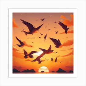 Birds flying at sunset Art Print