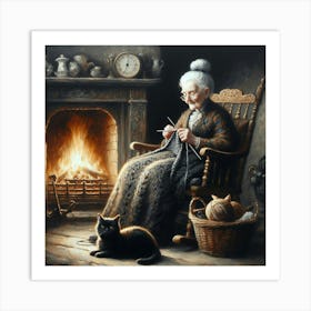 Old Lady Knitting Art Print