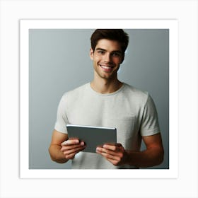 Happy Young Man Using Tablet Computer Art Print