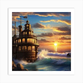 Steamship At Sunset Art Print