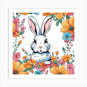 Rabbit Surrounded By Flowers Art Print