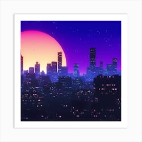 Cityscape At Night The Sun Night Music The City Background 80s, 80 S Synth Art Print