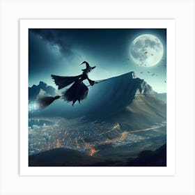 A Witch On Her Broom Flying Over Table Mountain Cape Town 1 Art Print