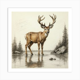 Deer In The Water 30 Art Print