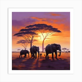 Family Of Elephants At Sunset paintings art print Art Print